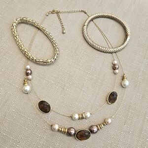 SET! Faux Pearl Bead Necklace with Goldtone Bracelets SET!
